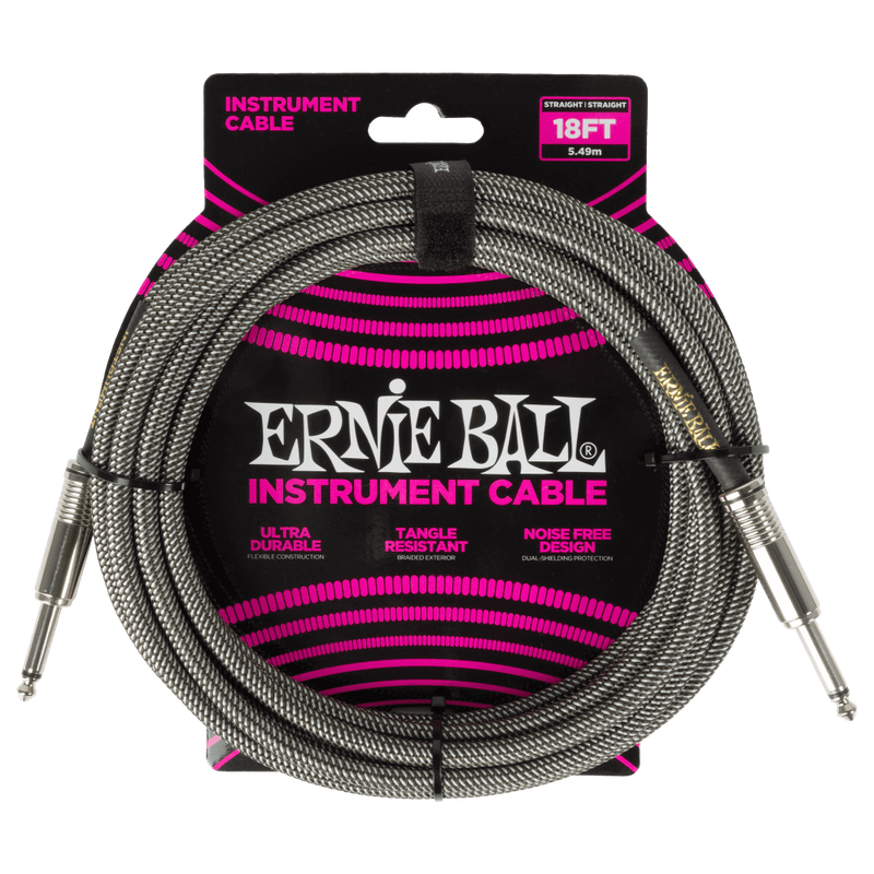 Ernie Ball Braided Instrument cable Straight/Straight 18ft Silver Fox