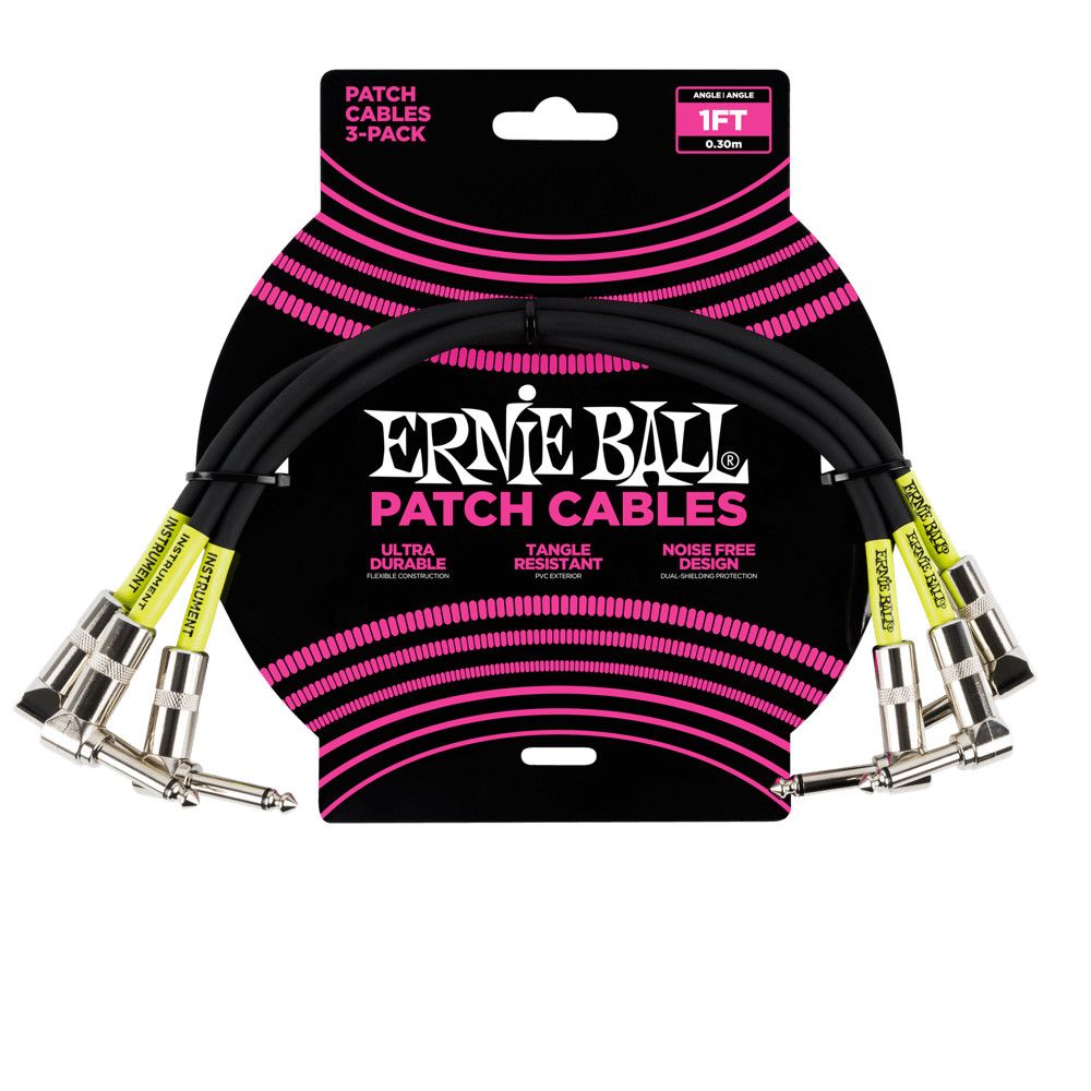 Ernie Ball Classic Patch Cable Angle/Angle 1ft - Black - 3 Pack