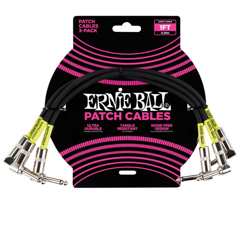 Ernie Ball Classic Patch Cable Angle/Angle 1ft - Black - 3 Pack