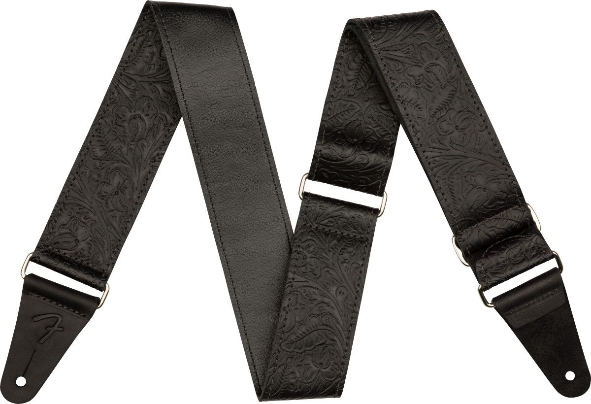 Fender Tooled Leather Guitar Strap, Black, 2"