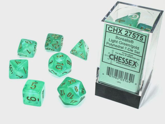 Dice 7ct Polyhedral: Borealis Light Green/gold