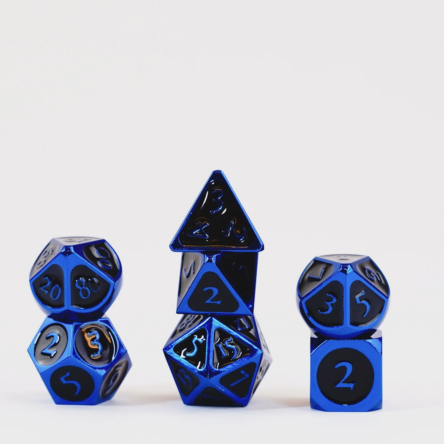 16mm Metal Polyhedral Dice Set: Blue with Black Enamel