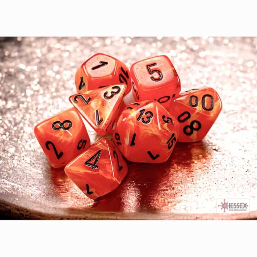 Dice 7ct MINI Polyhedral:  Vortex Orange with Black