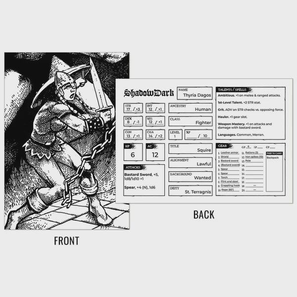 12 Premade 1st-LevelCharacterCards, Print+ PDF (Shadowdark)