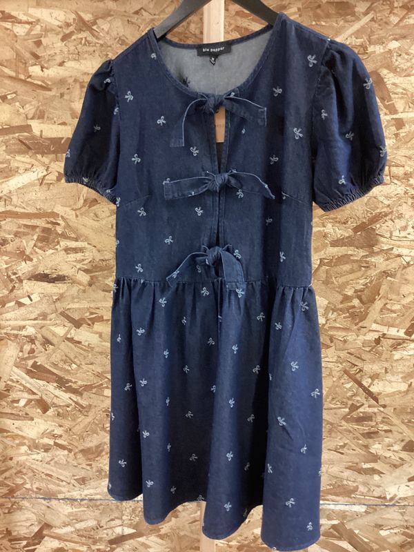 BOW DENIM PATTERN PUFF SLEEVE FRONT TIE MINI DRESS