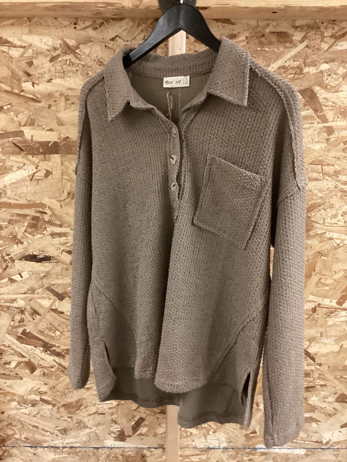 NT11710-Half Button Down Collared Textured Henley Knit Top