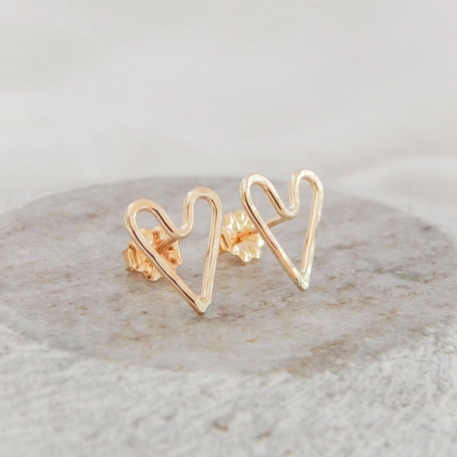 Hammered Heart Stud Earrings, 14k Gold Fill &amp; Silver: Gold