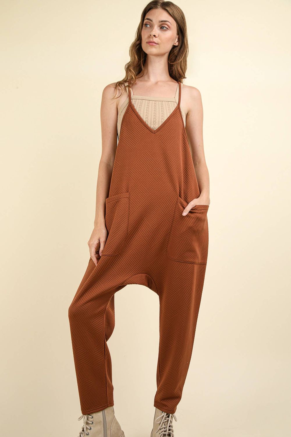 NP70548-Quilted Loose Fit Casual Baggy Knit Jumpsuit: COCOA / S-M-L/2-2-2