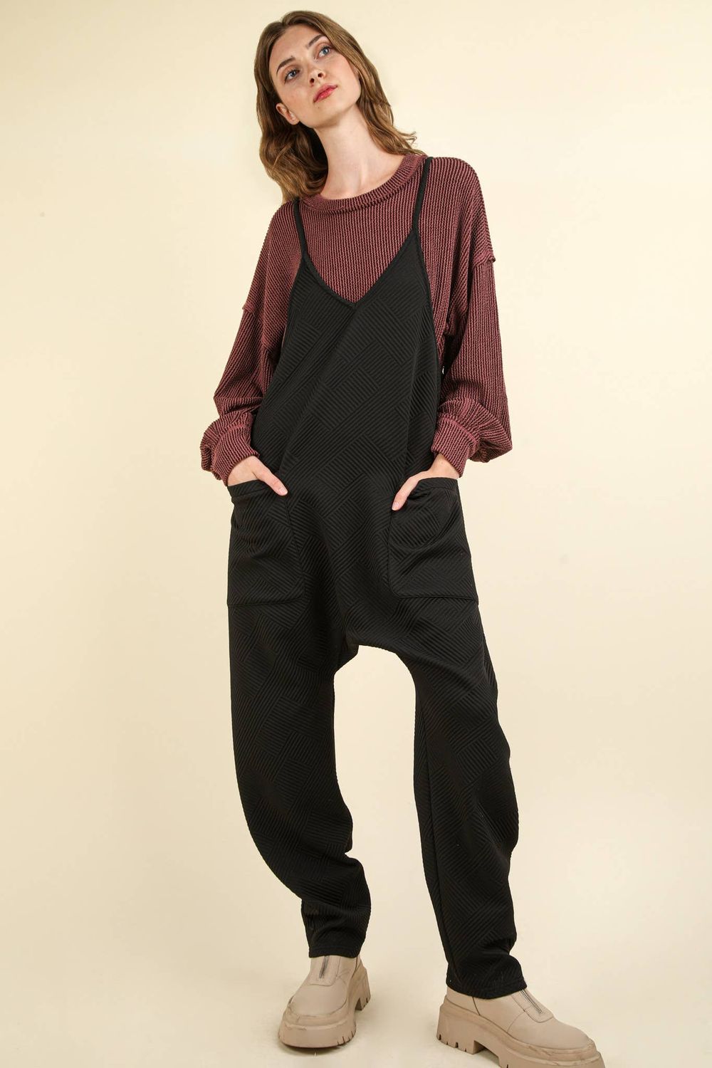 NP70548-Quilted Loose Fit Casual Baggy Knit Jumpsuit: BLACK / S-M-L/2-2-2