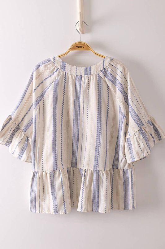 NT12627-Striped Half Bell Sleeve Blouse Top: LT BLUE / S-M-L/2-2-2