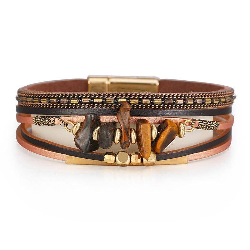 Bohemian Natural Gravel &amp; Leather WovenBracelet - BJ/LB: 6
