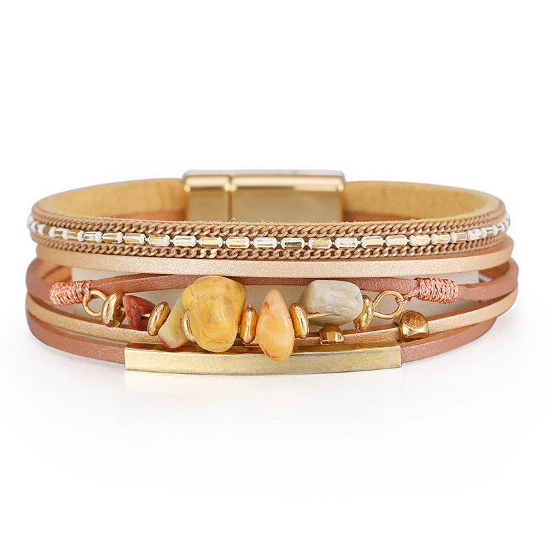 Bohemian Natural Gravel &amp; Leather WovenBracelet - BJ/LB: 2