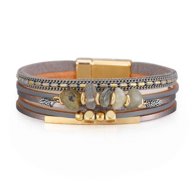 Bohemian Natural Gravel &amp; Leather WovenBracelet - BJ/LB: 3
