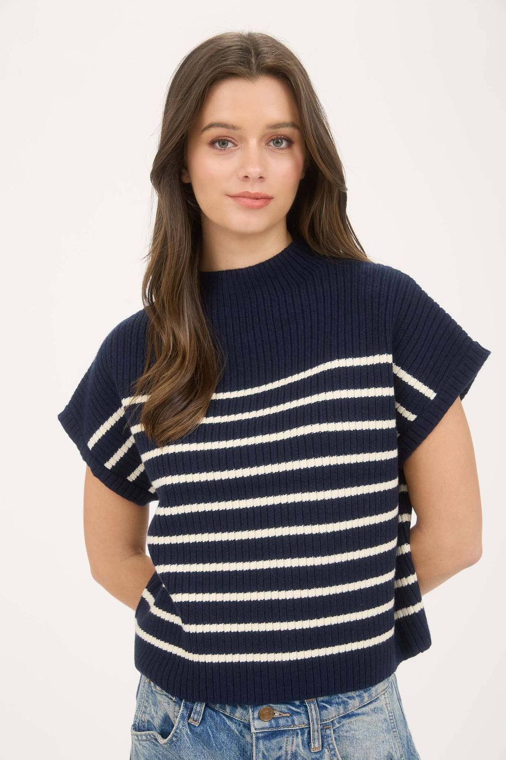 Blu Pepper - STRIPE MOCK NECK SHORT SLEEVE KNIT SWEATER: NAVY
