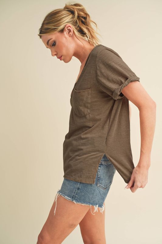 AEMI + CO - 8286DK Zoie V-Neck Short Sleeve Top 5: Chocolate / Contemporary / L