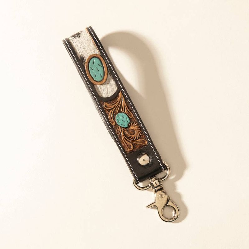 Myra Bag - Myra Tallin Bloom Handtooled Leather Keyfob in Saddle Sky: Saddle Sky