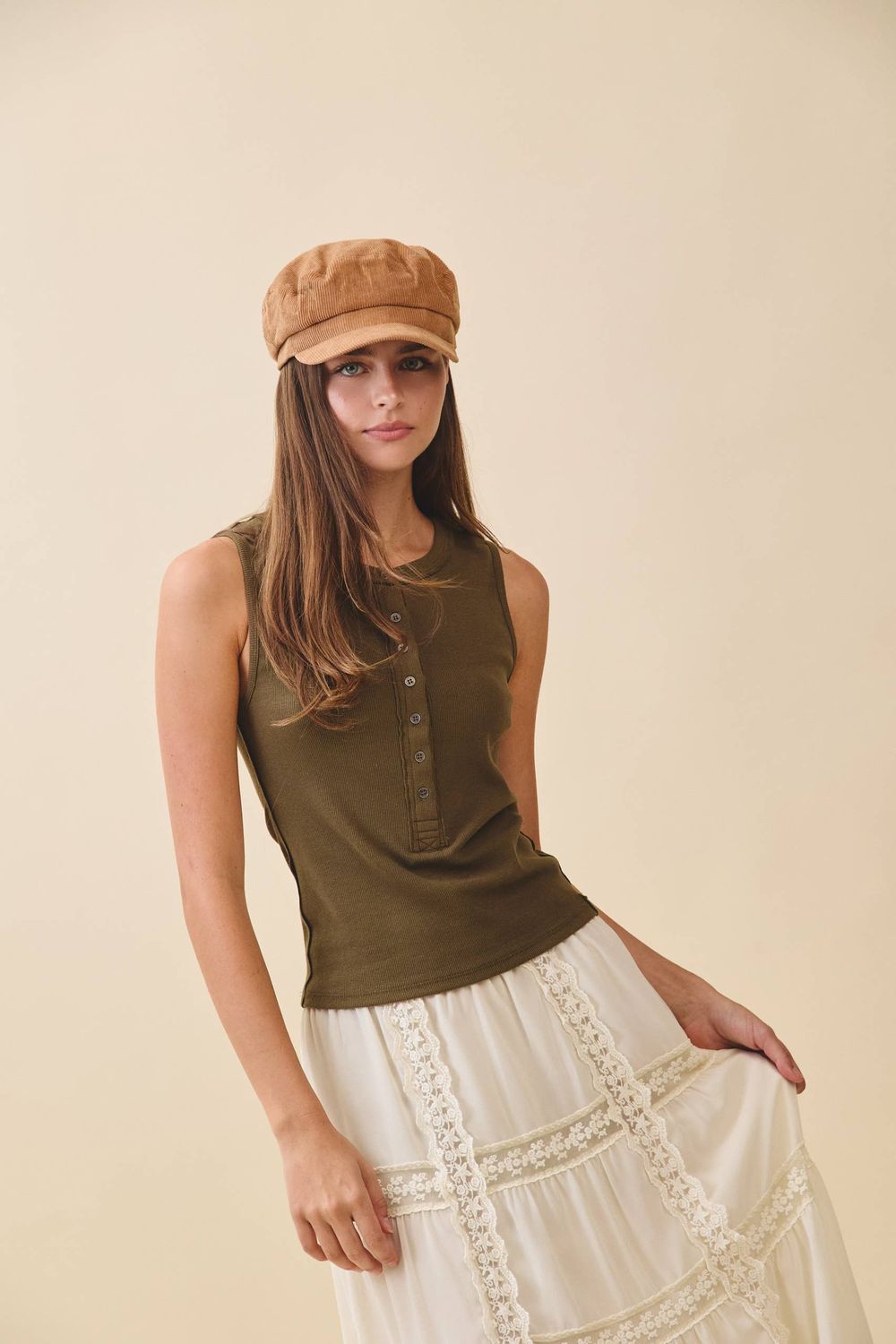 AEMI + CO - 8571GK Ribbed Henley Tank Top: Olive / Contemporary / M