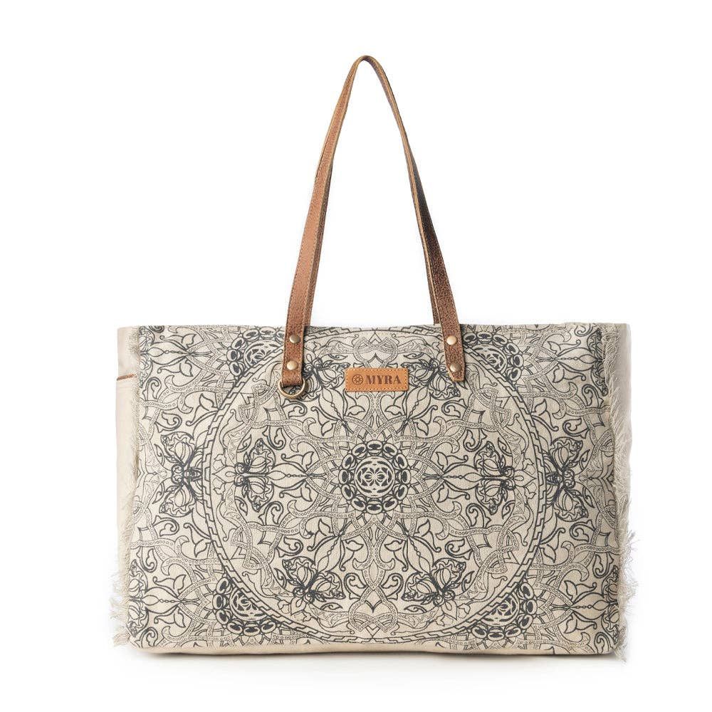 Myra Bag - Wildmandala Weekender Bag for Women in ivory with vintage print detail: Ivory