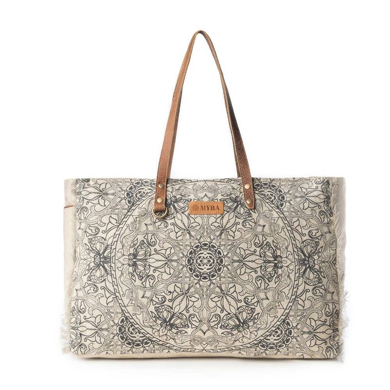 Myra Bag - Wildmandala Weekender Bag for Women in ivory with vintage print detail: Ivory