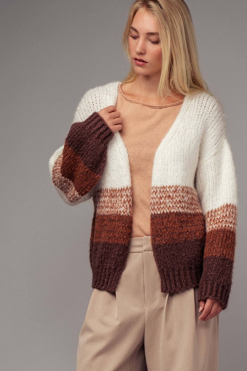 Urban Daizy - Warm Earthy Colorblock Chunky Knit Cardigan: BROWN COMBO / S/M-3:M/L-3