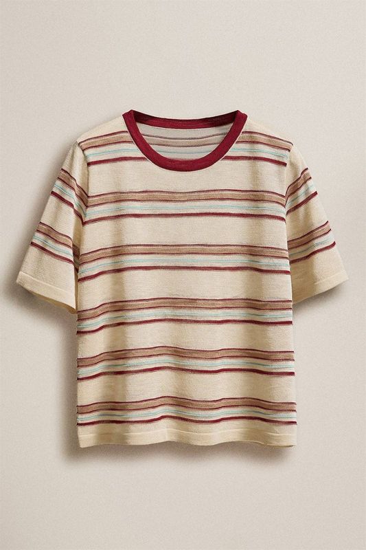 Urban Daizy - Striped Knit Ringer Tee With Crew Neck: Ivory / S-M-L