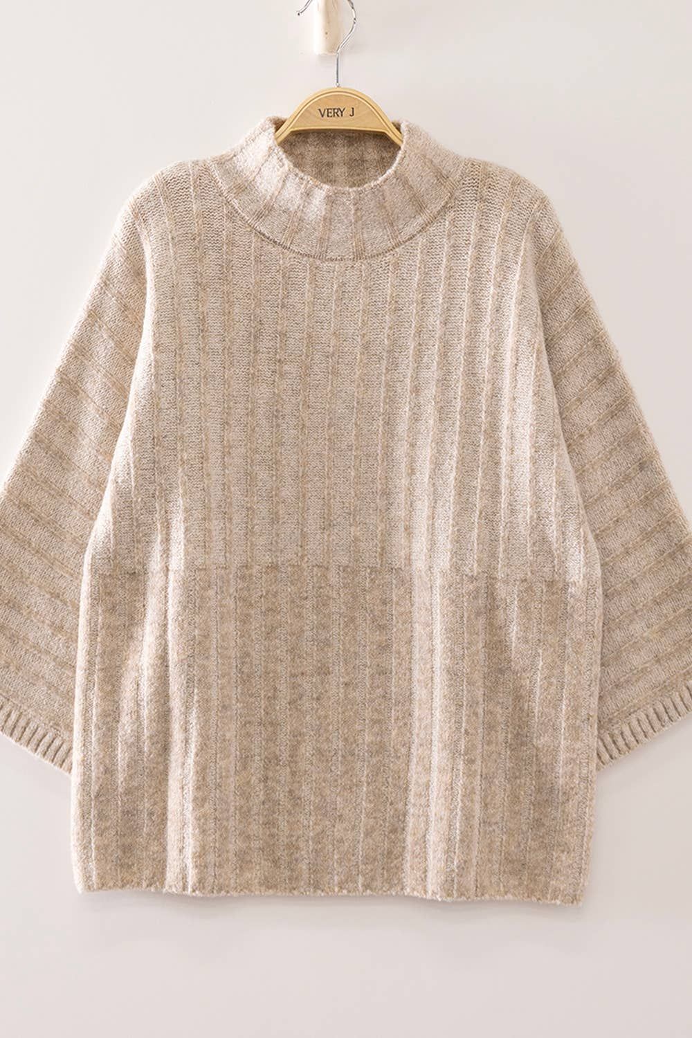 VERY J - 12W3673N-Ribbed Knit Mock Neck Sweater: OATMEAL / S-M-L/2-2-2