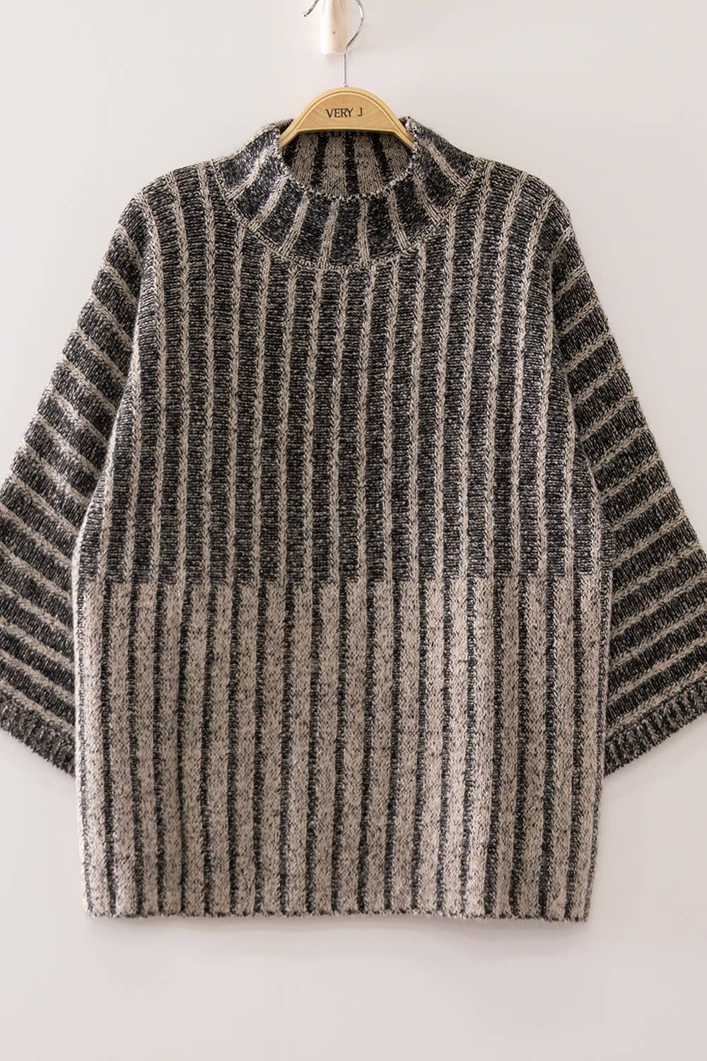 VERY J - 12W3673N-Ribbed Knit Mock Neck Sweater: BLACK / S-M-L/2-2-2