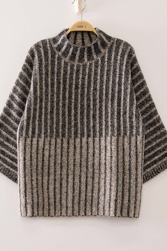 VERY J - 12W3673N-Ribbed Knit Mock Neck Sweater: BLACK / S-M-L/2-2-2