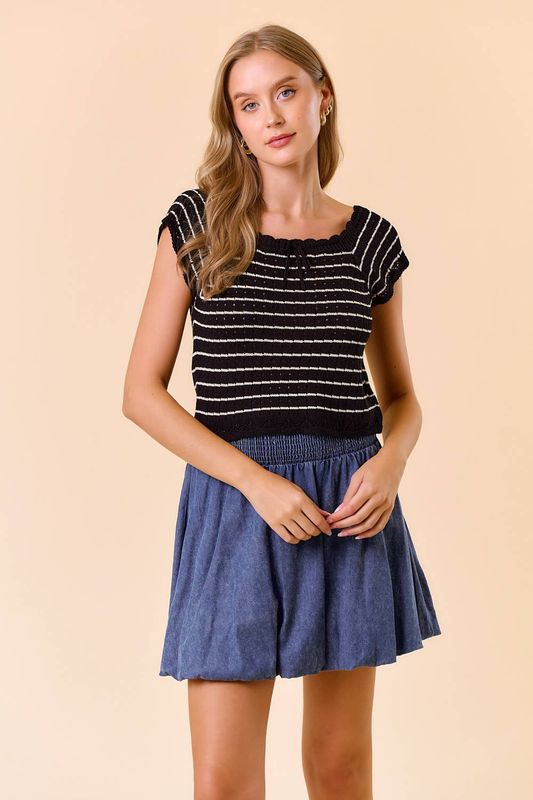 Doe and Rae - VINTAGE INSPIRED STRIPED CROCHET KNIT TOP - 1750C: Black / S