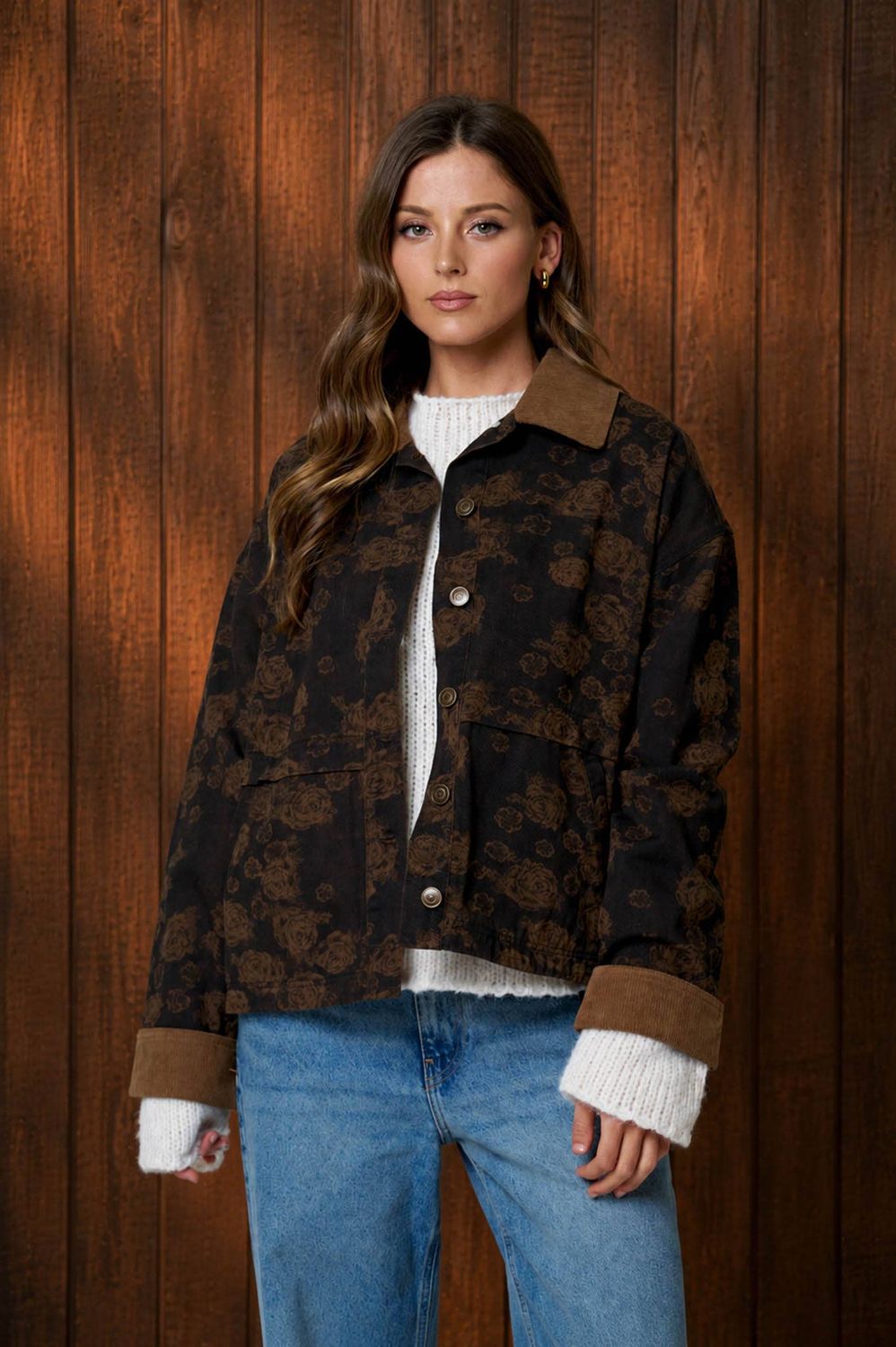 Blu Pepper - FLORAL DENIM JACQUARD CORDUROY COLLAR JACKET: DARK BROWN