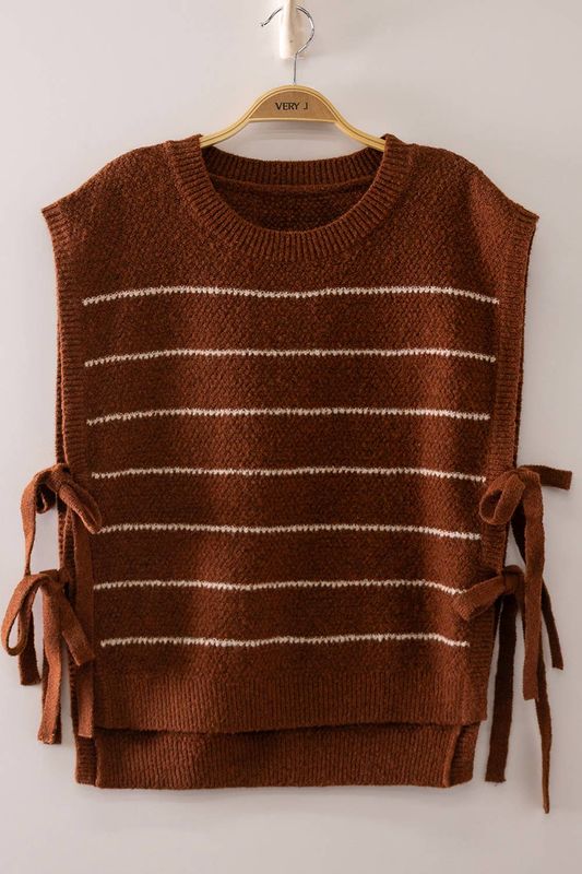 VERY J - 12W3723N-Striped Side Tie Knit Vest: MOCHA / S-M-L/2-2-2