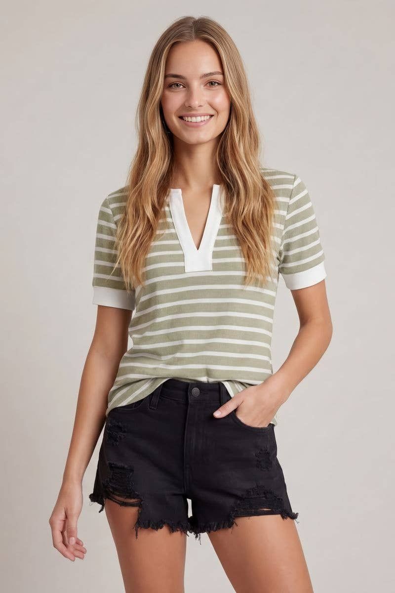 Doe and Rae - SPLIT V-NECK STRIPED SHORT SLEEVE TOP - 46048T: SAGE / M