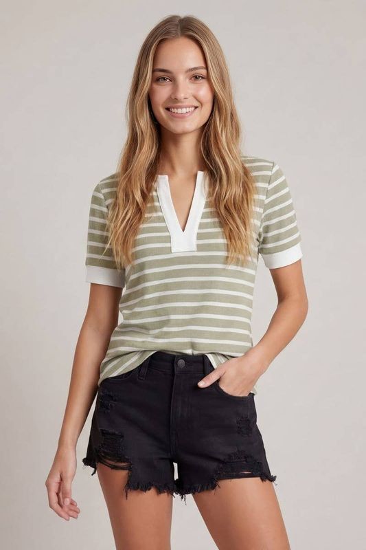 Doe and Rae - SPLIT V-NECK STRIPED SHORT SLEEVE TOP - 46048T: SAGE / M