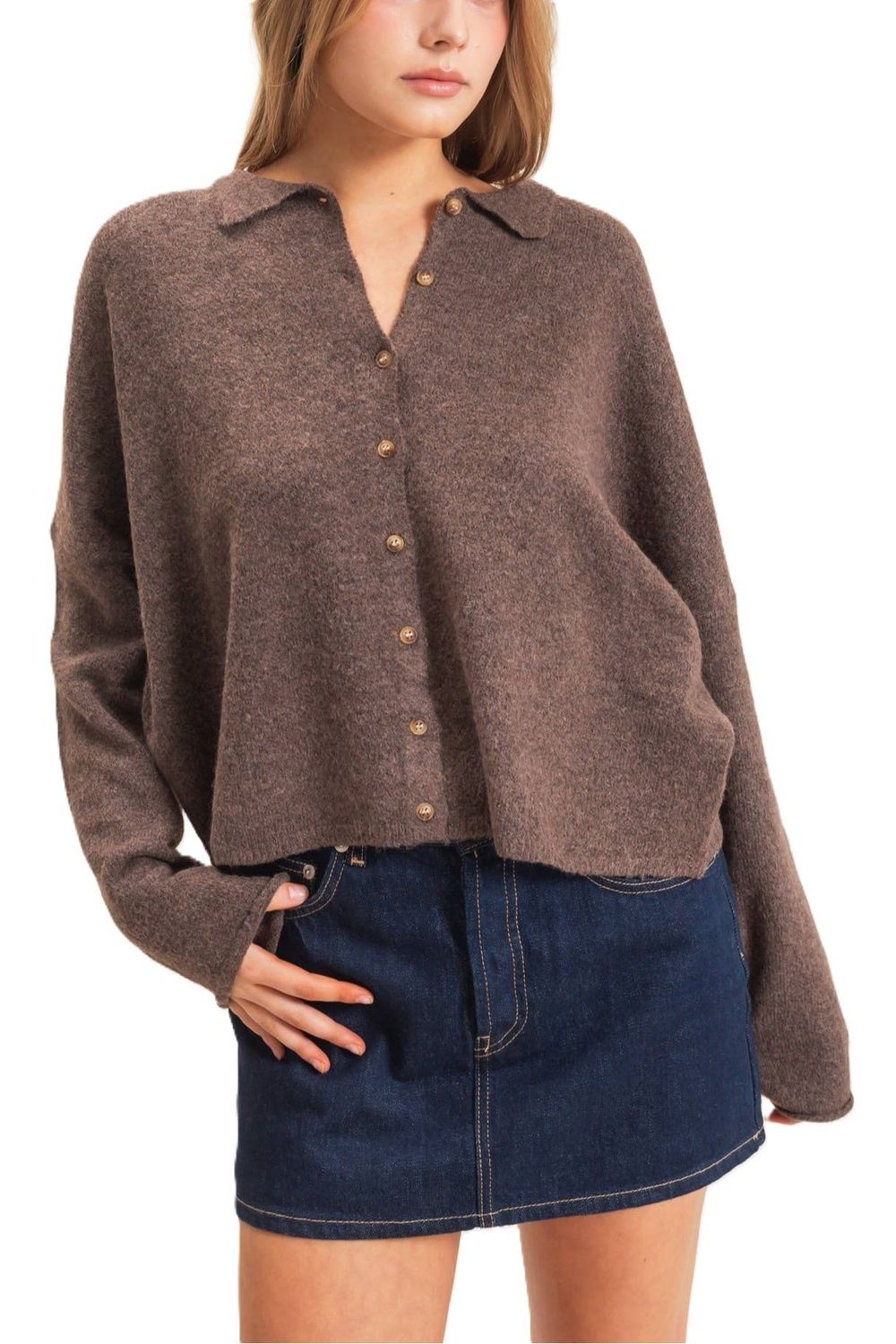 Vanilla Monkey - Button-up Collared Sweater Cardigan, Color: BROWN, Size: 2-2-2(S-M-L)