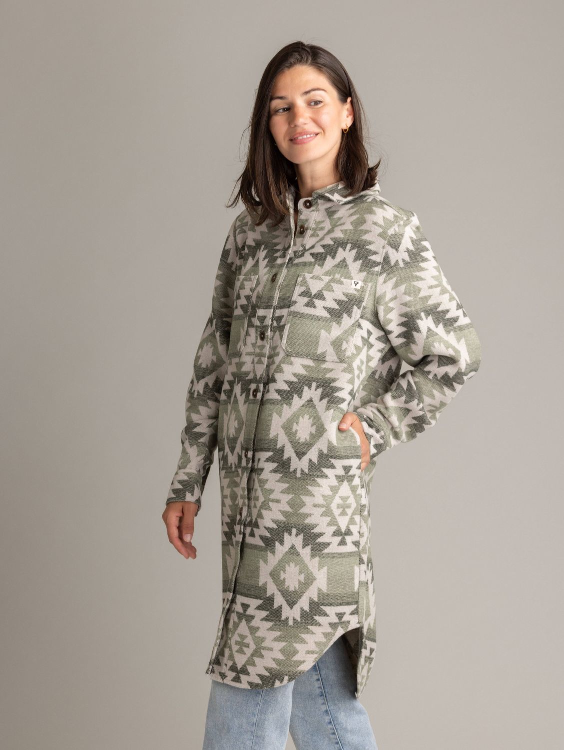 LIV Outdoor - Women's Shay Faux Wool Long Button Coat, Color: Elm Aztec Diamond, Size: M