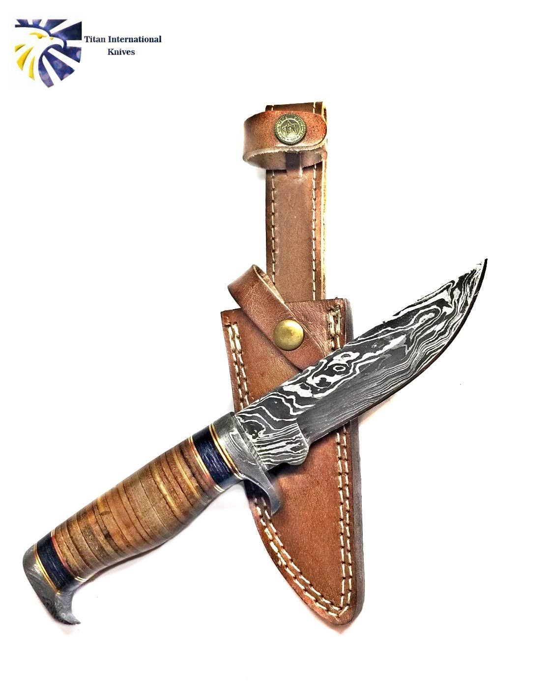 Titan International - DAMASCUS KNIFE/ Titan/ Camp/ Hunting Knife / Leather Handel