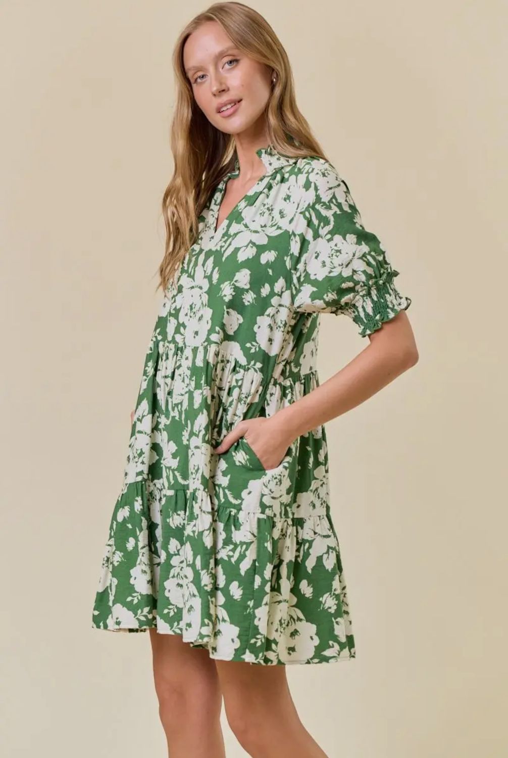Floral Print Split V Neck Short Sleeve Dress