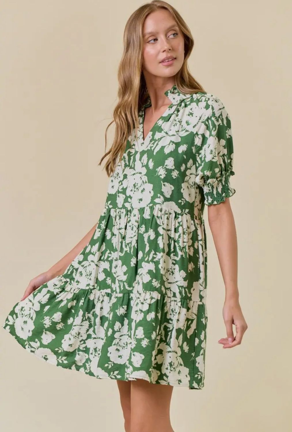 Floral Print Split V Neck Short Sleeve Dress