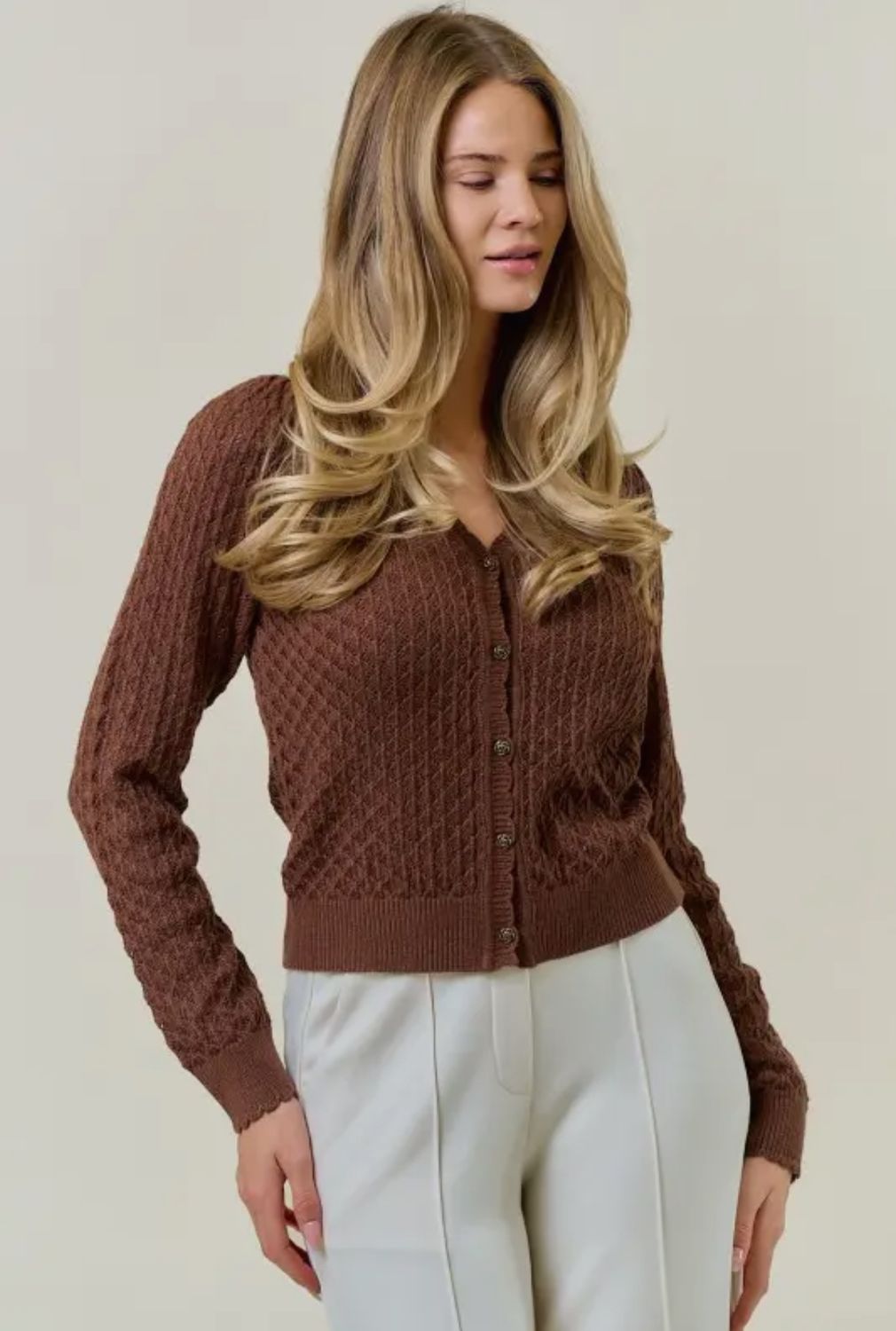 Pointelle Cardigan With Rose Buttons
