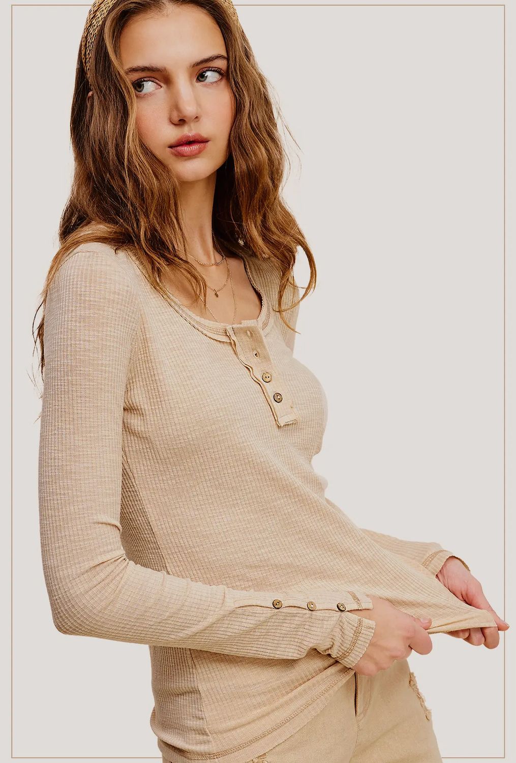 Ribbed Henley Neck Stitched Long Sleeve