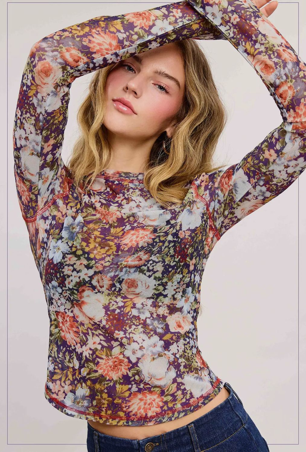 Semi Sheer Crew Neck Long Sleeve