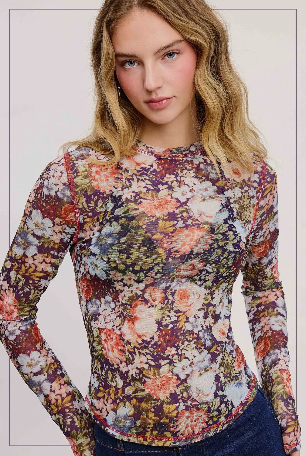 Semi Sheer Crew Neck Long Sleeve