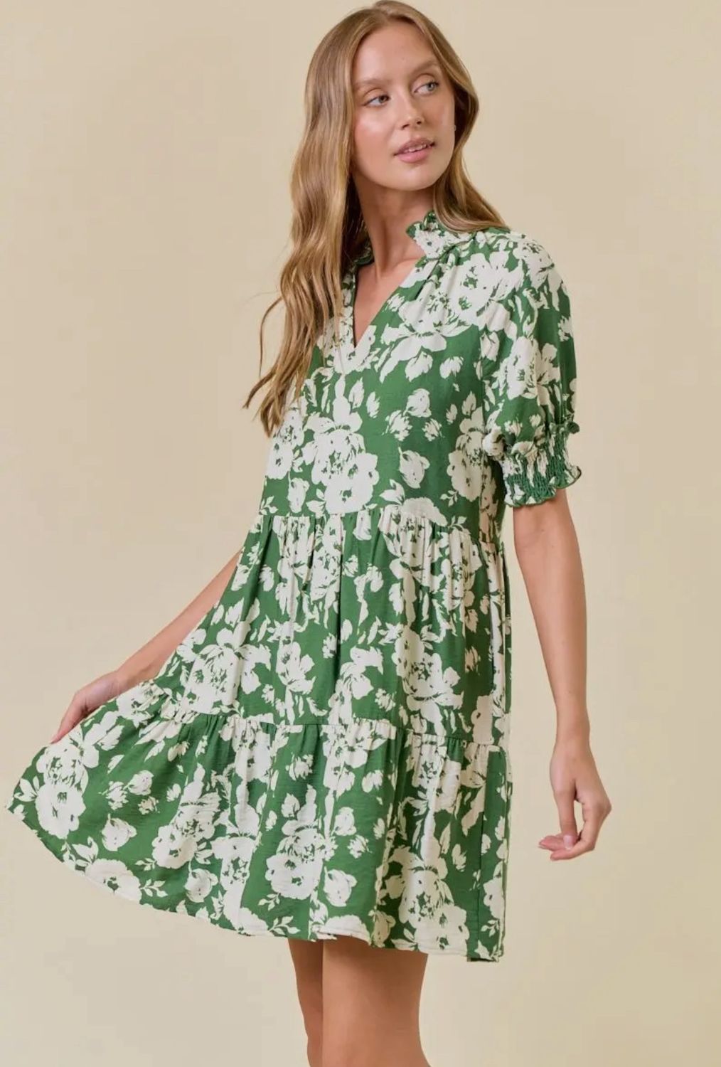 Floral Print Split V Neck Short Sleeve Dress