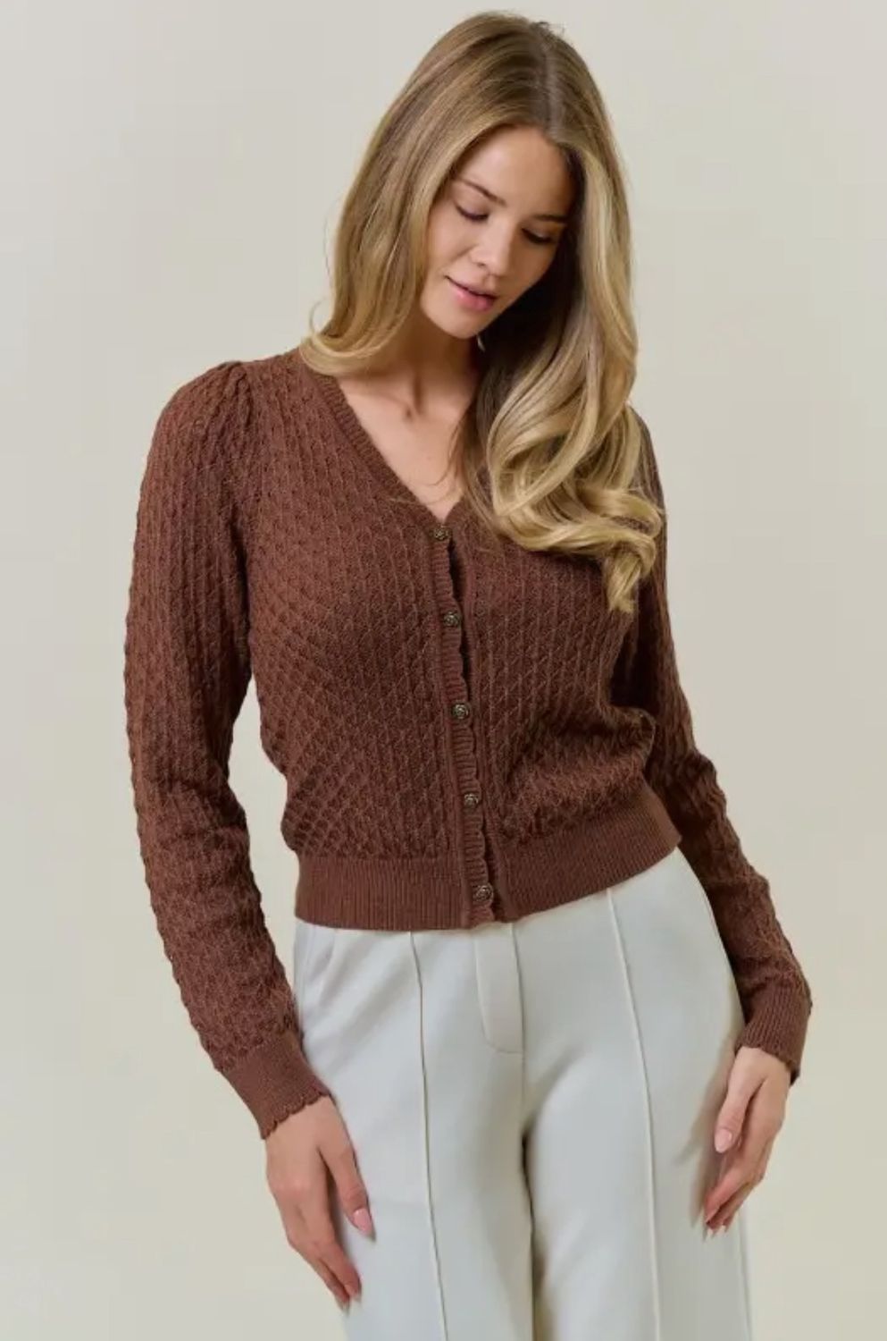Pointelle Cardigan With Rose Buttons