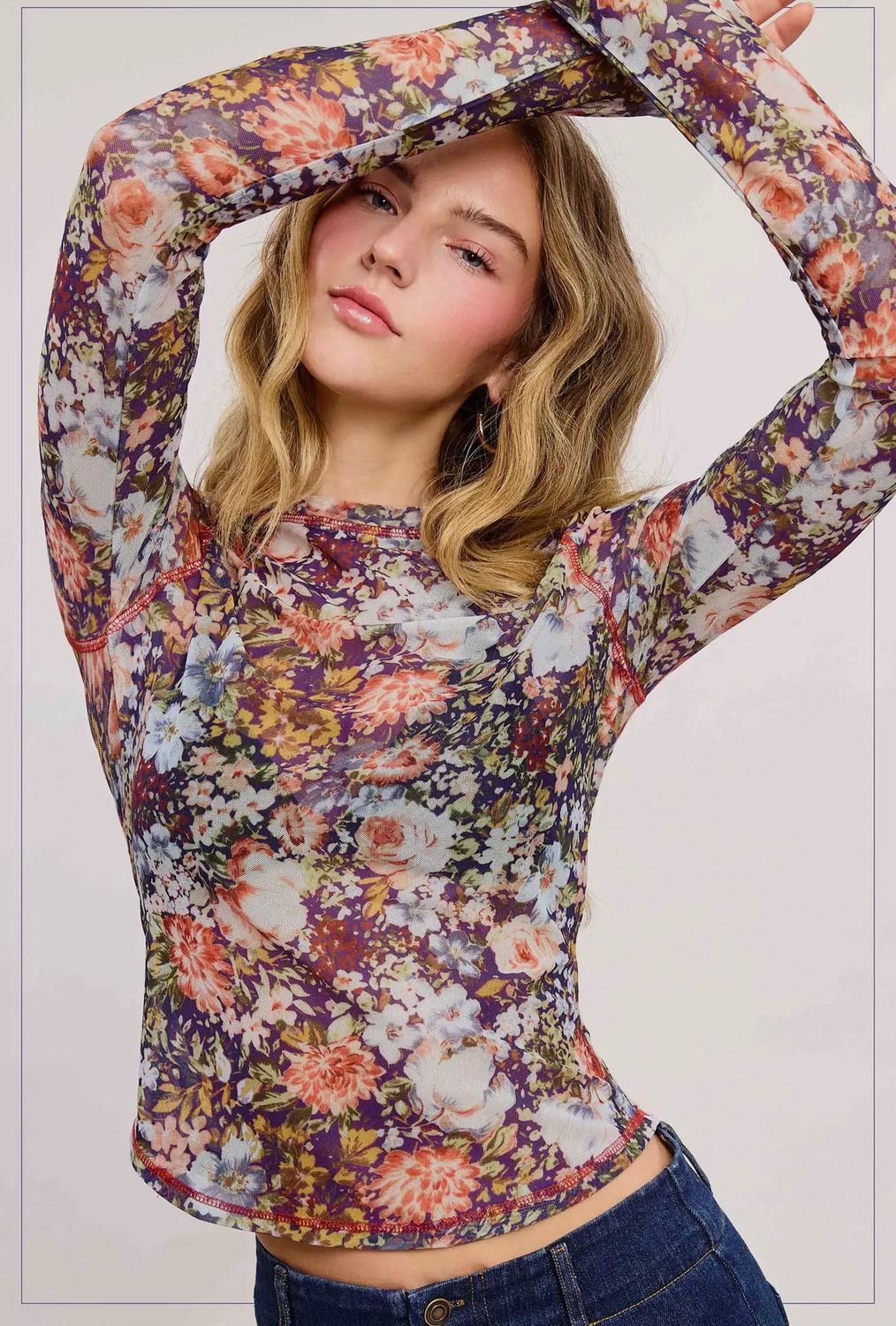 Semi Sheer Crew Neck Long Sleeve