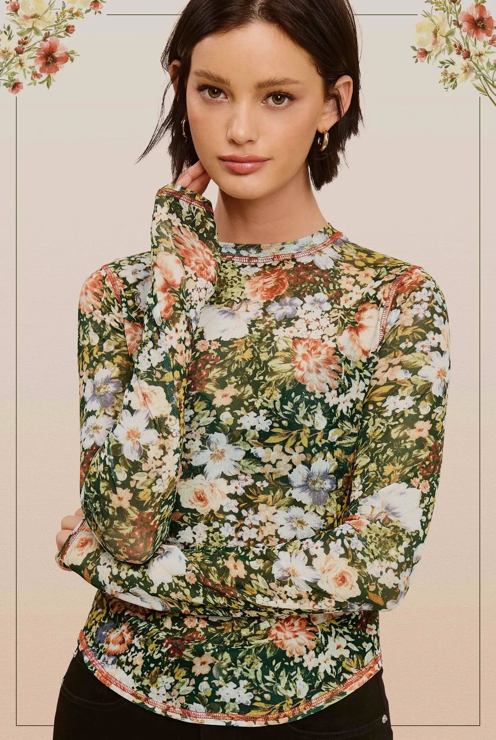 Semi Sheer Crew Neck Long Sleeve