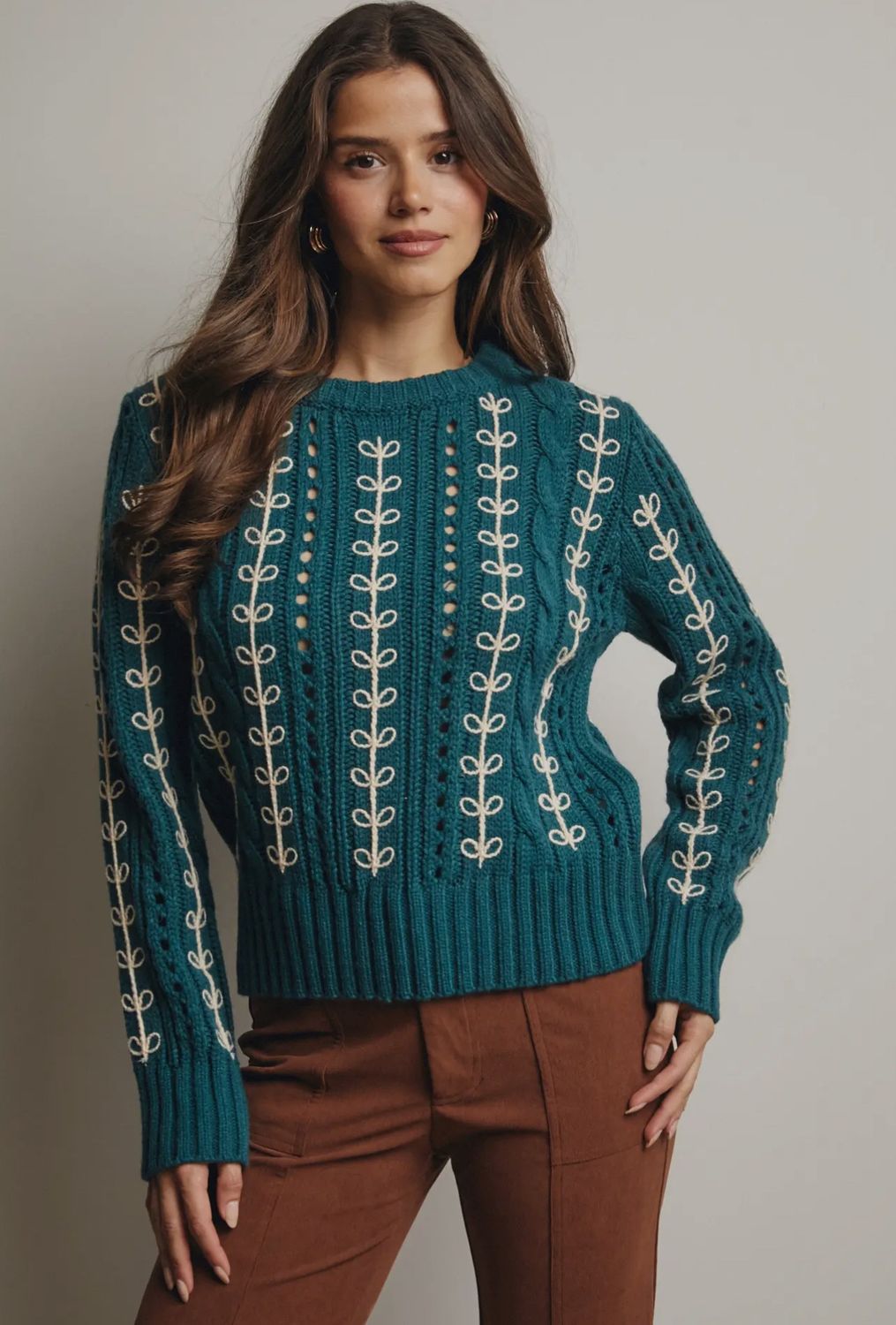 Embroidered Cable Knit Pullover