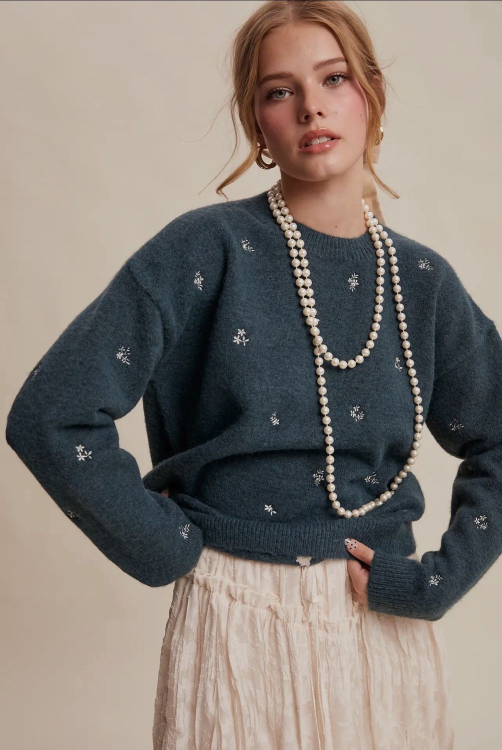 Embroidered Dot Knit Sweater