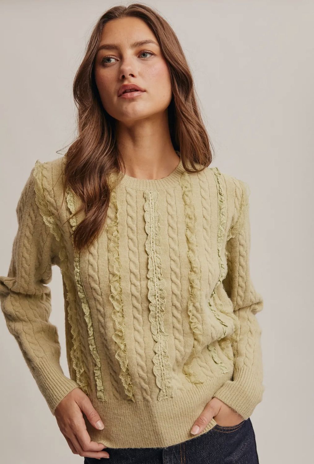 Lace Trim Cable Knit Pullover