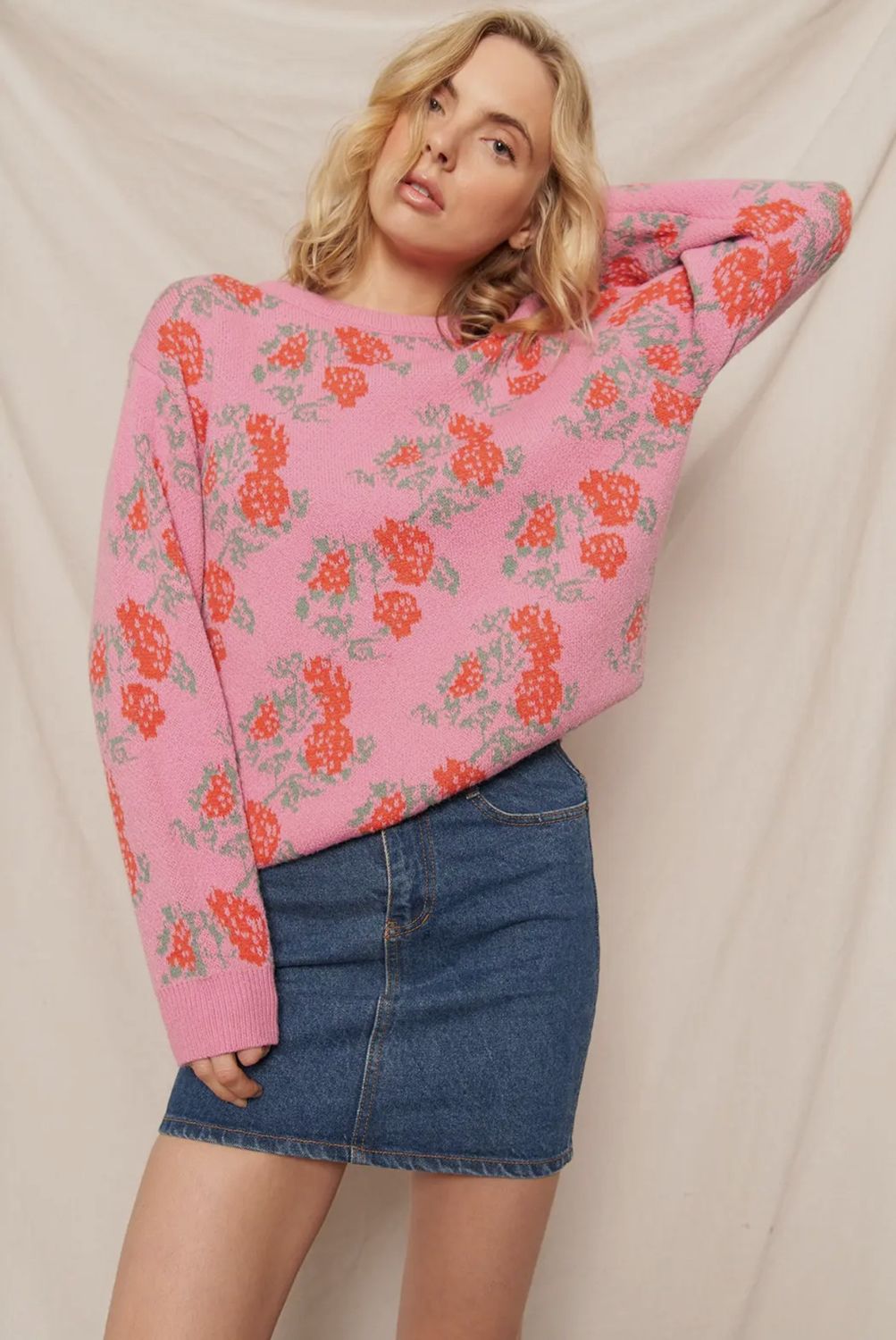 Rose Print Knit Sweater
